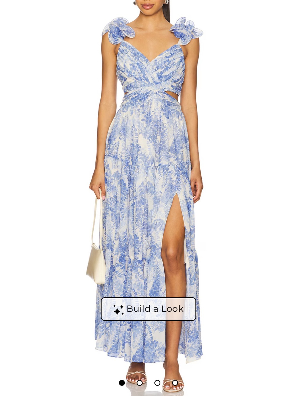 Astr Blue and White Floral Cutout Maxi Dress with Ruffle Shoulders